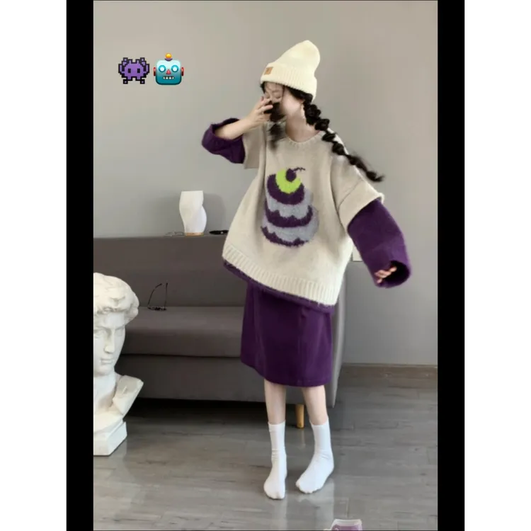 MARIE.COCO秋季设计感时尚温柔假两件针织毛衣少女紫色短裙一整套