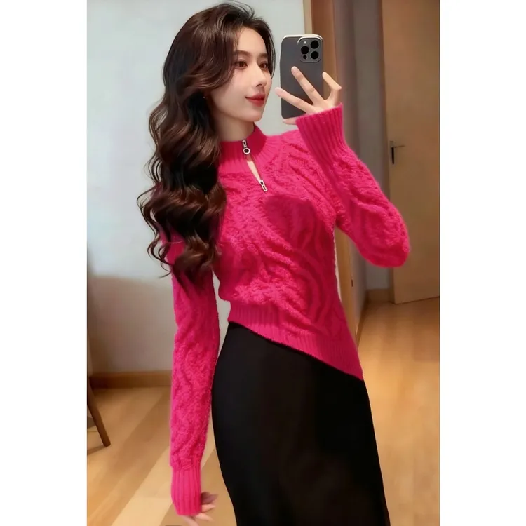 巨好看的气质女士上衣慵懒高级感复古轻熟风玫红色针织衫毛衣女冬