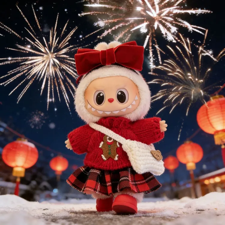 娃衣红色针织开衫格子裙套装17cm娃衣适合新年圣诞装饰