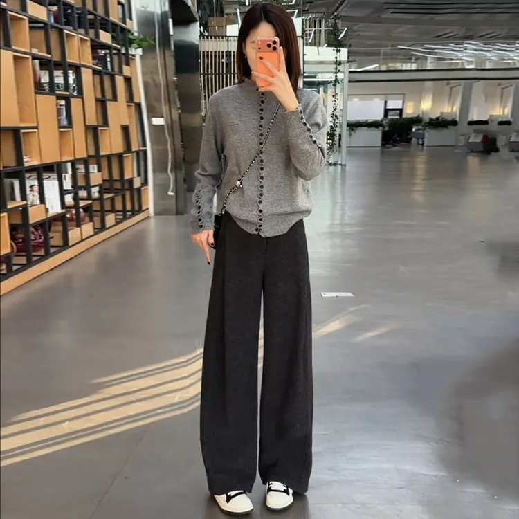 时尚套装女2025秋冬新款洋气显瘦长袖针织衫弯刀阔腿裤休闲两件套