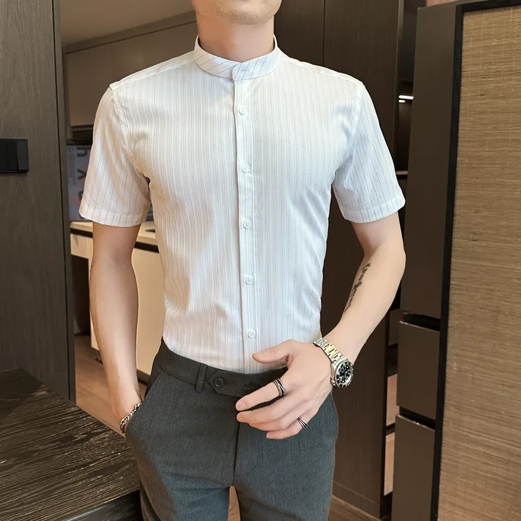 男士新款立领条纹短袖衬衫2025夏季薄款潮流痞帅商务休闲男装衬衣