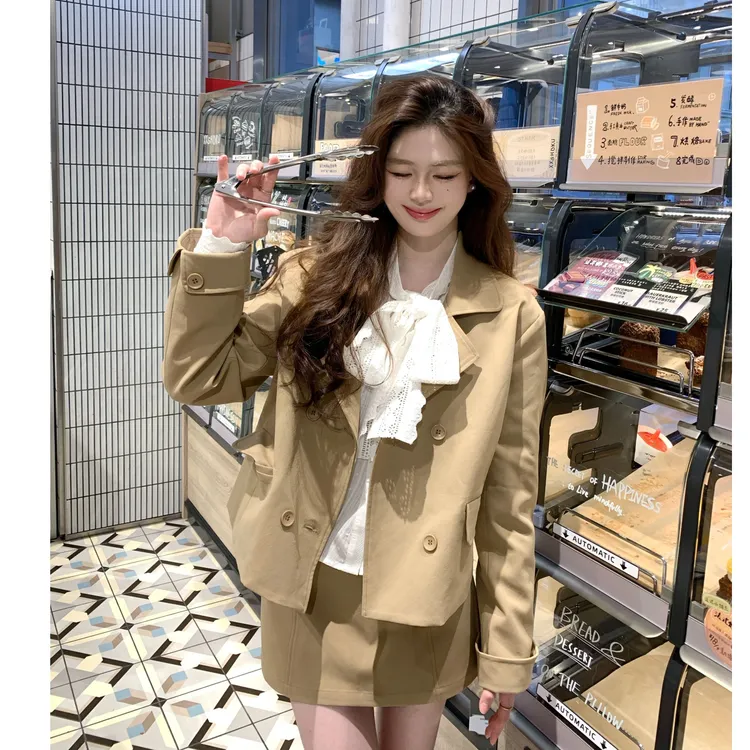 2025早秋小个子财阀千金小众老钱风卡其西装上衣+半身裙两件套女