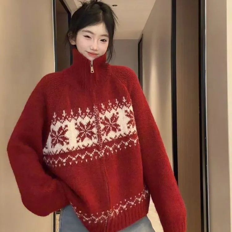 圣诞氛围加厚毛衣开衫外套女费尔岛红色拉链毛衣宽松提花大版外套