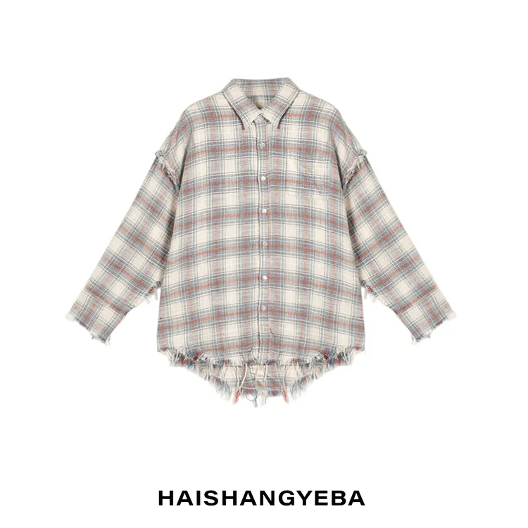 【海上叶爸】新款2025秋冬百搭棉翻领宽松格纹毛边休闲通勤衬衫