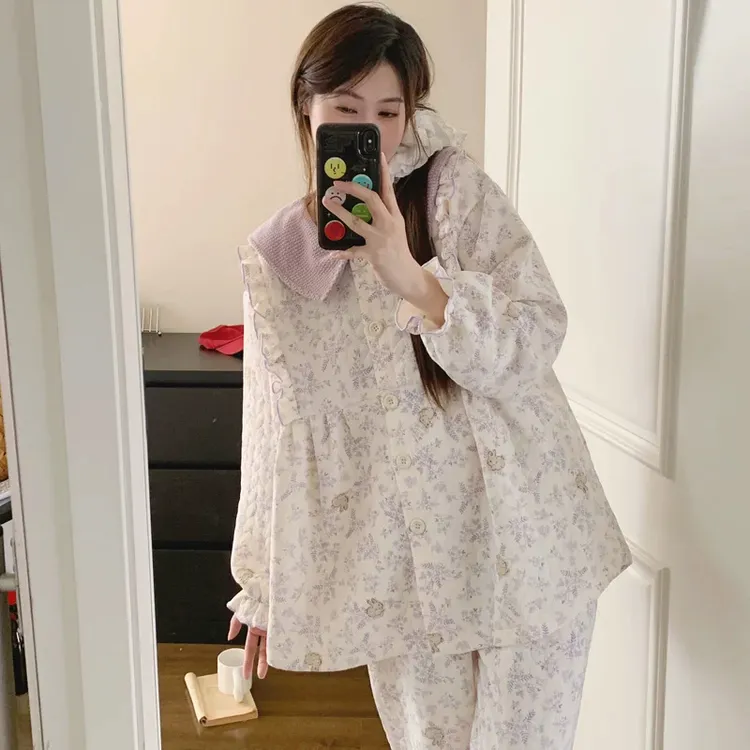 冬季保暖月子服产后空气棉喂奶加厚哺乳睡衣女孕妇产妇秋冬天套装