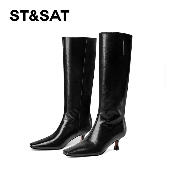 St&Sat/星期六长筒真皮秋冬时装靴时尚方头长靴黑色细跟骑士靴