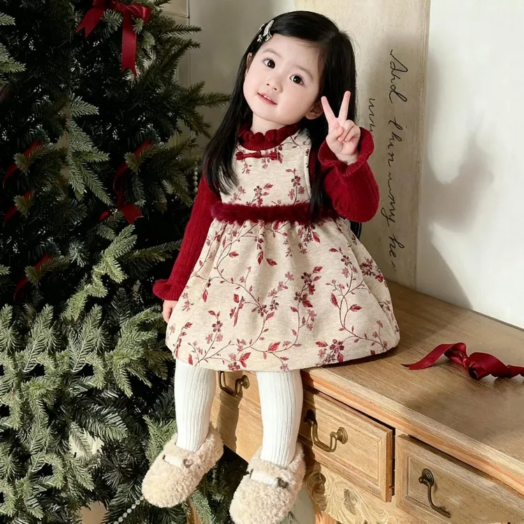 女童碎花连衣裙秋冬新中式儿童加厚保暖盘扣拜年服小公主周岁礼服