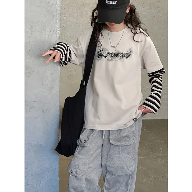 K28258拼接袖女童长袖T恤2025春装新款儿童上衣打底衫春秋休闲薄