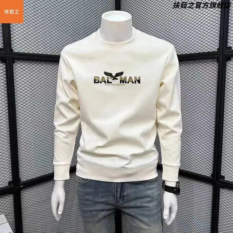 欧货卡通老鹰烫印男士卫衣秋冬季2025新款潮流百搭杏色圆领上衣