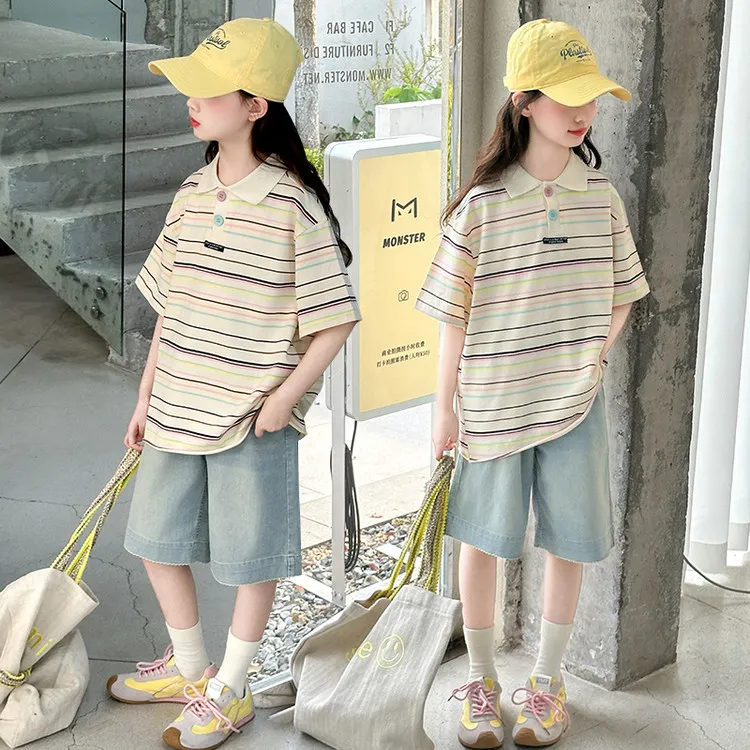 女童夏季2025新款T恤套装儿童时尚条纹POLO衫短袖大童休闲两件套