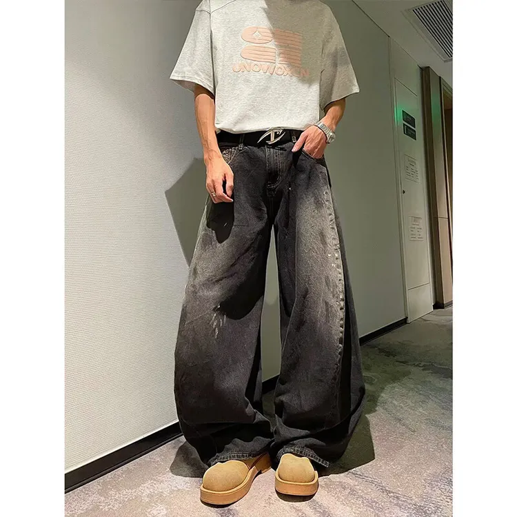 黑色vibe复古风泼墨牛仔裤夏季立体裁剪设计感高街水洗宽松阔腿裤