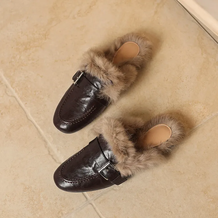 不累脚手工女鞋2.5cm~冬季加绒包头半拖鞋女外穿时尚穆勒鞋毛毛鞋