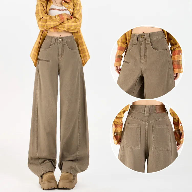 巧克力色休闲阔腿牛仔裤女秋季2025新款咖色工装裤直筒弯刀裤