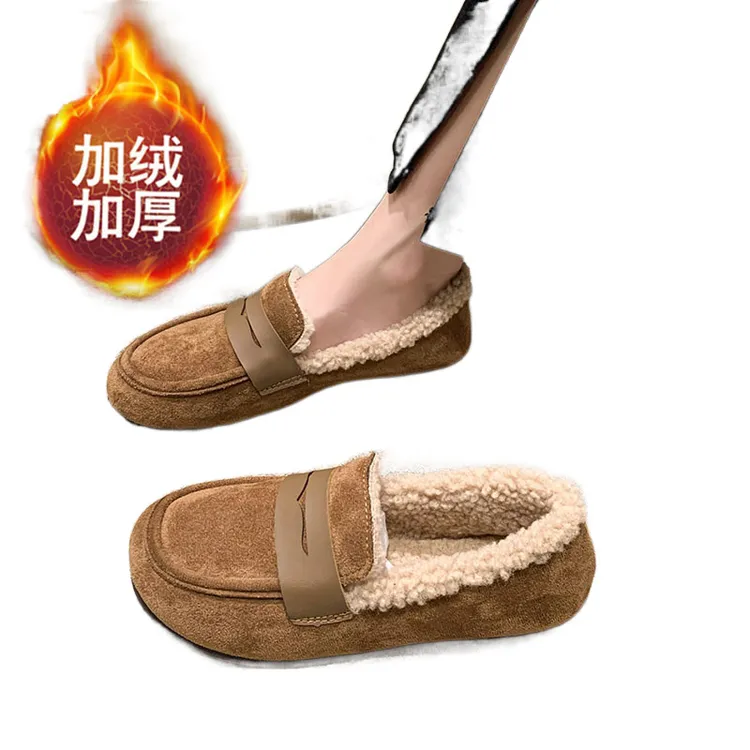 冬季豆豆鞋加绒棉鞋女雪地靴平底一脚蹬女加厚妈妈鞋大码孕妇时尚