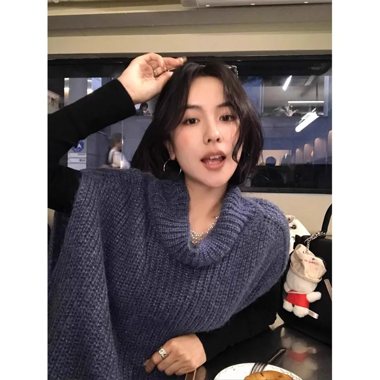 蓝色堆堆领背心针织马甲粗针毛衣女冬季高领无袖外搭软糯慵懒上衣