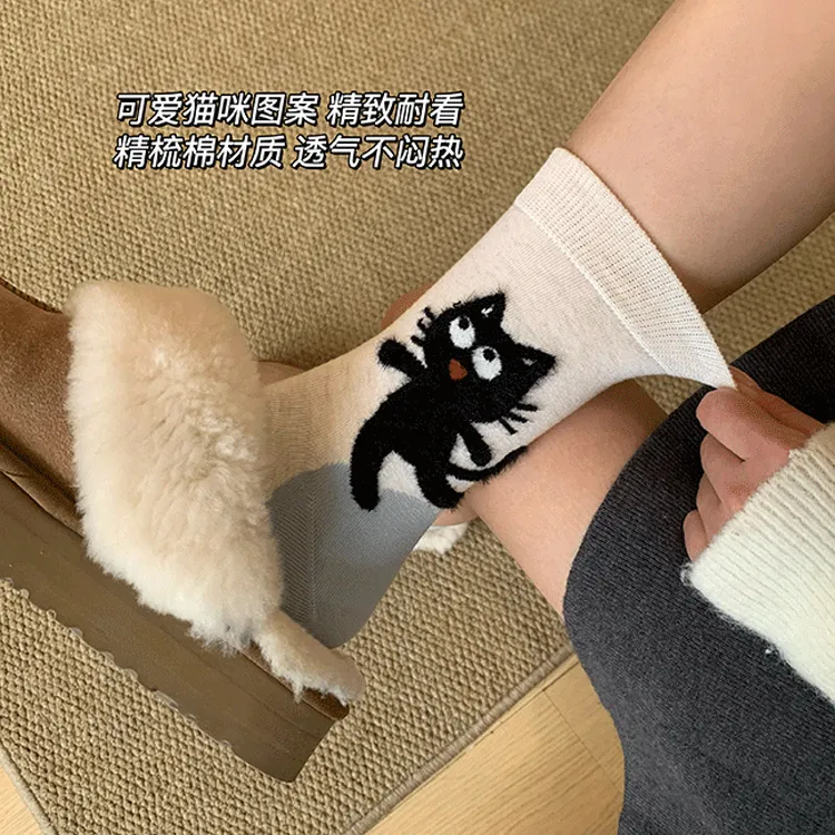 秋季款ins潮高颜值中筒袜新品简约甜美设计卡通猫咪后跟小猫秋冬