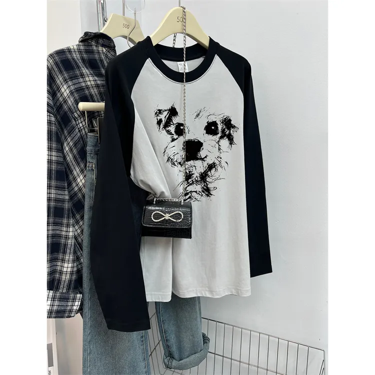 潦草小狗圆领插肩长袖T恤女2025秋季纯棉宽松大码设计感撞色上衣