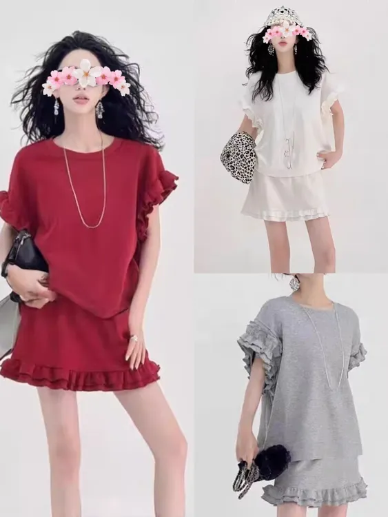 2025夏季网红爆款时尚休闲套装女百搭蛋糕花边短袖上衣显瘦半身裙