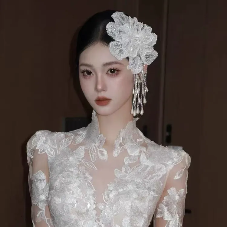 新款法式复古珍珠花朵面纱头饰新娘结婚目网甜美布艺花朵高级感