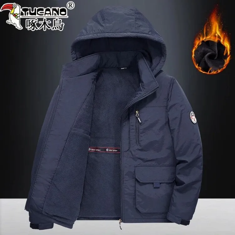 啄木鸟秋冬季加绒厚外套男加肥大码薄棉衣派克冲锋多口袋保暖棉服