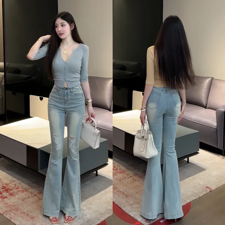 希野逸儿/浅色破洞微喇牛仔裤女2025新款高腰显瘦鱼尾喇叭拖地裤