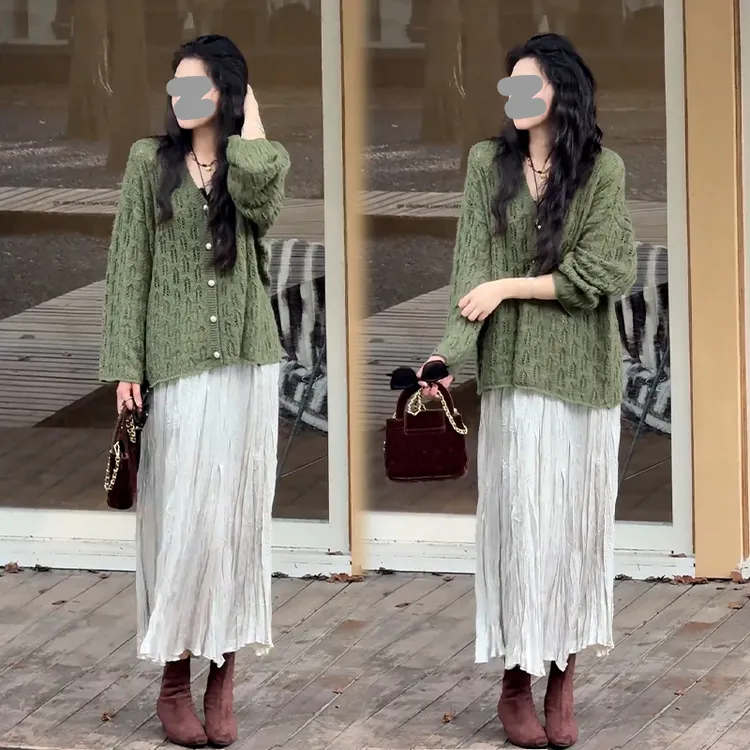 韩系慵懒风时尚套装女2025春秋新款镂空长袖针织衫半身裙两件套