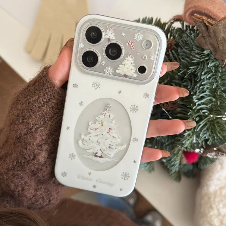 鎏金双层冬日白色雪花圣诞树iphone17ProMax手机壳15/16闪粉17Pro