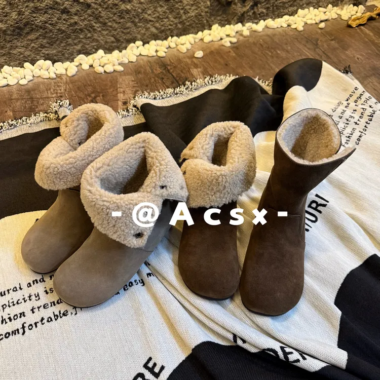 【阿茶】暖暖羊羔毛~头层牛皮/跟高4CM /冬季新款秀气雪地靴女