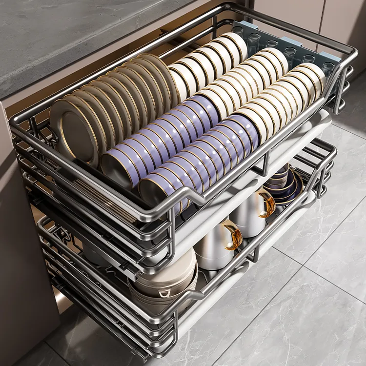百悍拉篮厨房橱柜碗篮抽屉式304不锈钢双层调料调味收纳篮碗碟柜