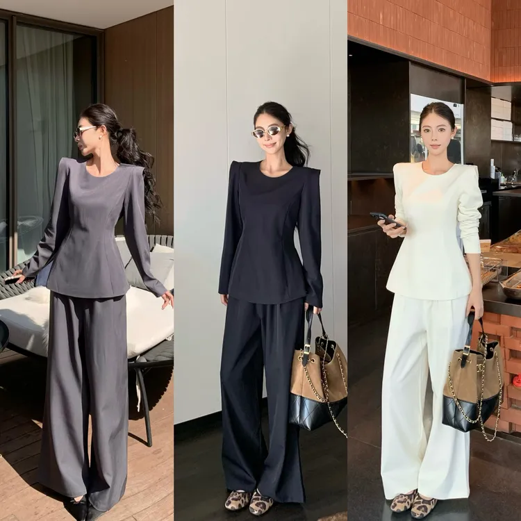 轻熟风复古港风通勤百搭收腰显瘦套装宽松休闲套装高腰西装裤子女