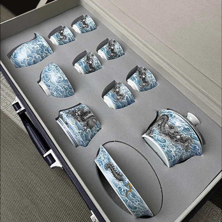 景德镇功夫茶具套装珐琅彩海水龙纹盖碗茶杯家用泡茶高档轻奢送礼