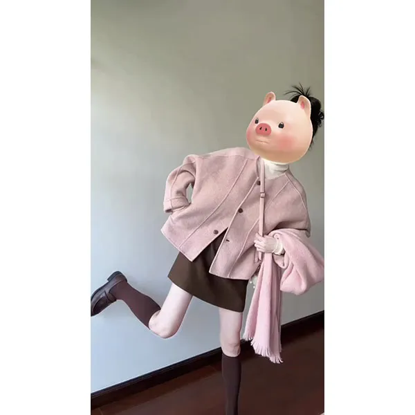 韩系秋冬新款小个子双面呢大衣圆领短款外套女内搭裙子时尚套装