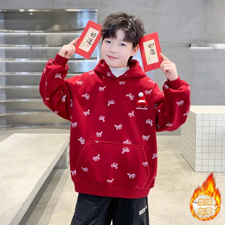 男童加绒红色卫衣冬季2026新款中大童儿童本命新年加厚马年拜年服