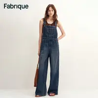 Fabrique 【张籽沐同款】早秋新品复古深蓝纯棉阔腿牛仔背带裤