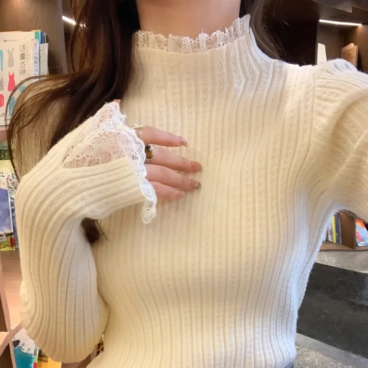 蕾丝半高领打底衫女2025秋冬新款小香风内搭毛衣针织长袖打底上衣