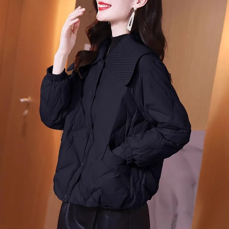 2025冬新款小个子短款轻薄高级感轻熟风黑色针织翻领羽绒棉服外套