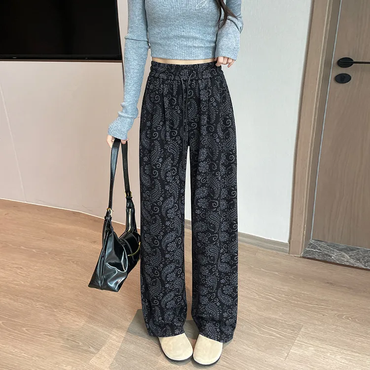 春秋季窄版腰果花阔腿裤女小个子冬季加绒高腰宽松休闲印花直筒裤