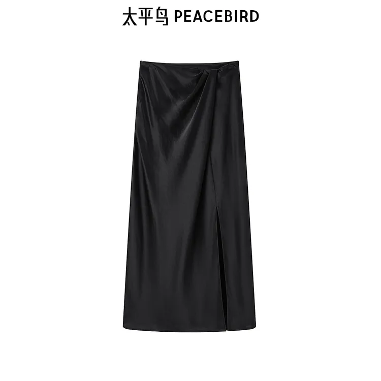 太平鸟女装夏黑色高腰不规则坠感显瘦醋酸开叉长裙A1GFE2106
