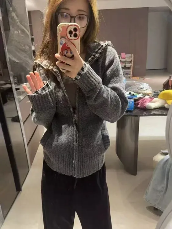 韩系灰色双拉链拼接格子连帽针织开衫女秋冬新款宽松慵懒毛衣外套