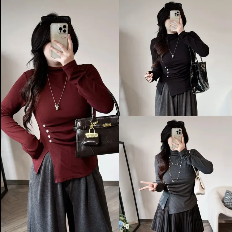 胖mm新款显瘦遮肉加绒磨毛半高领百搭不规则开叉上衣