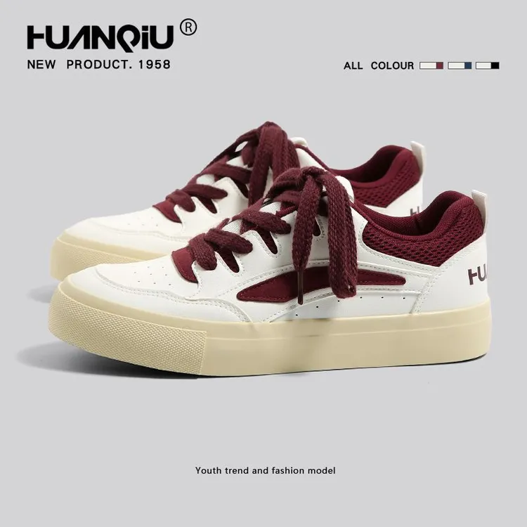 环球酒红色面包板鞋男款2025新款夏季百搭鞋子男士透气运动小白鞋