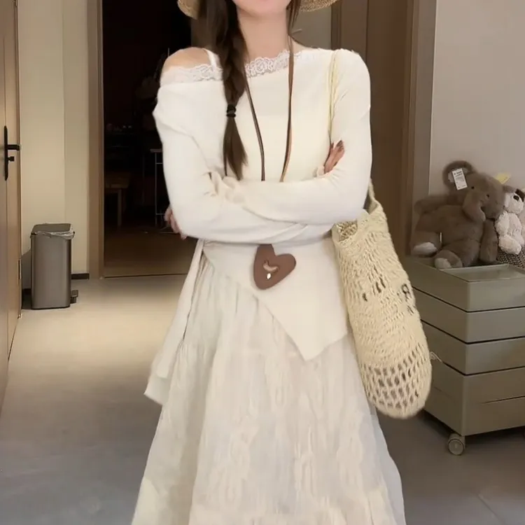 蕾丝拼接一字肩不规则女甜辣绑带收腰显瘦上衣T恤LK2502645