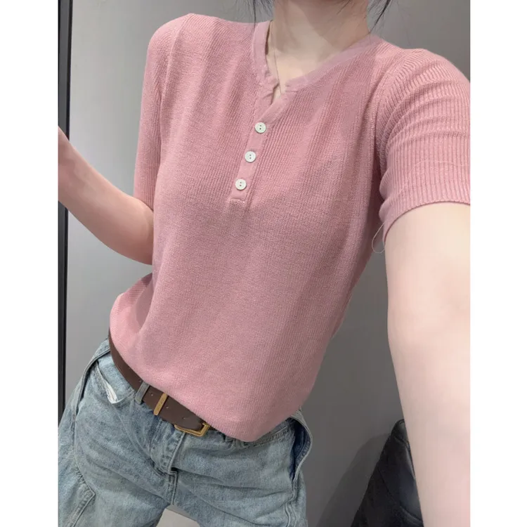 时尚V领冰丝针织衫短袖女半开领纽扣百搭洋气显瘦修身半袖上衣夏