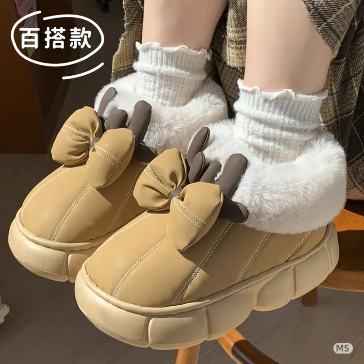 女士蝴蝶结防水包跟加绒保暖防滑厚底秋冬季棉鞋外穿时尚立体卡通
