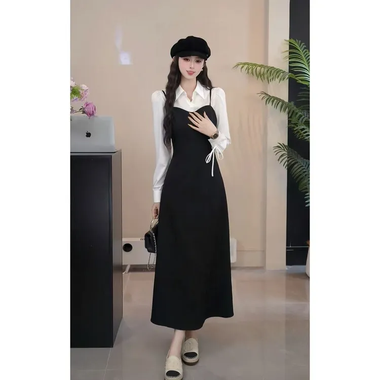 YUANLIANSU/圆脸酥【揉碎星月】法式Polo领绑带衬衫+吊带裙两件套女