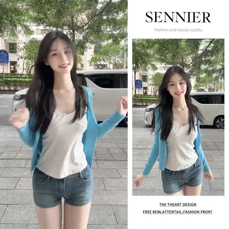 2025夏季新款减龄百搭长袖开衫外搭修身吊带显瘦牛仔短裤三件套装