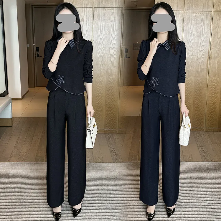 优雅休闲气质套装女2025年秋冬新款条纹拼接上衣百搭直筒裤两件套