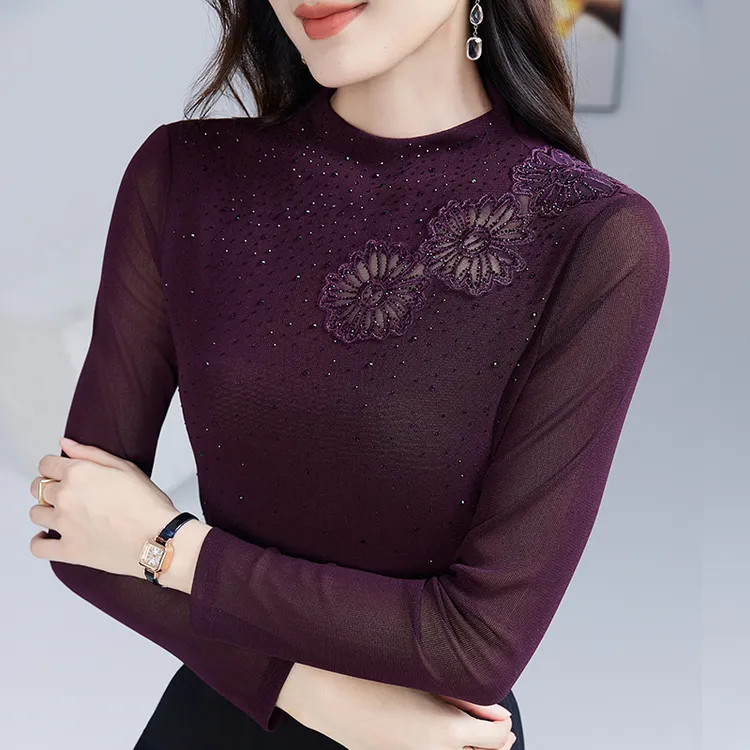 秋季新款半高领网纱烫钻绣花长袖t恤女弹力纱衣显瘦打底衫女上衣