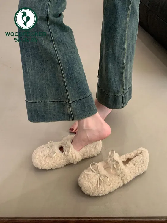 啄木鸟法式平底蝴蝶结一字带甜美毛毛鞋女冬季外穿加绒棉鞋