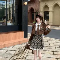 棕系学韵 织物猪原创 少女学院风女装出游连衣裙女初秋小个子长袖